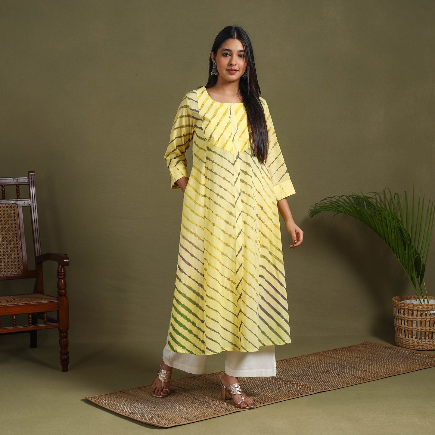 Yellow Tie-Dye Cotton A-Line Leheriya Kurta