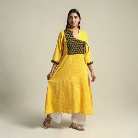 Buy Yellow Tie-dye Cotton Patchwork A-Line Bandhani Kurta for Women