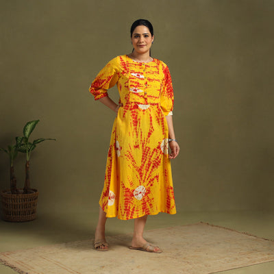 Yellow Tie-Dye Cotton Pintuck Shibori Dress