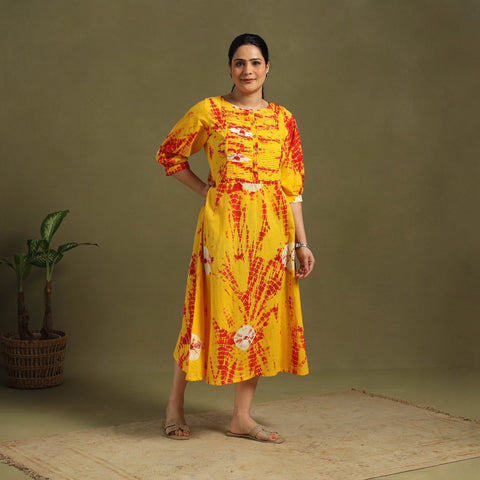 Yellow Tie-Dye Cotton Pintuck Shibori Dress
