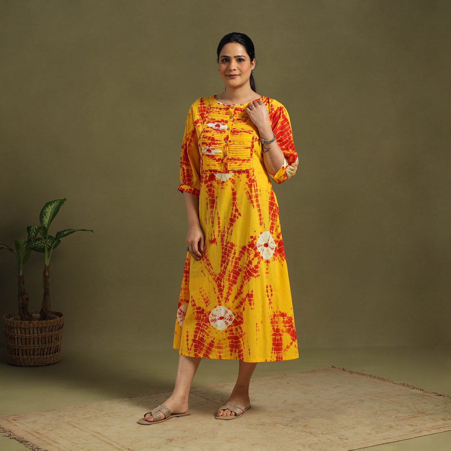 Yellow Tie-Dye Cotton Pintuck Shibori Dress