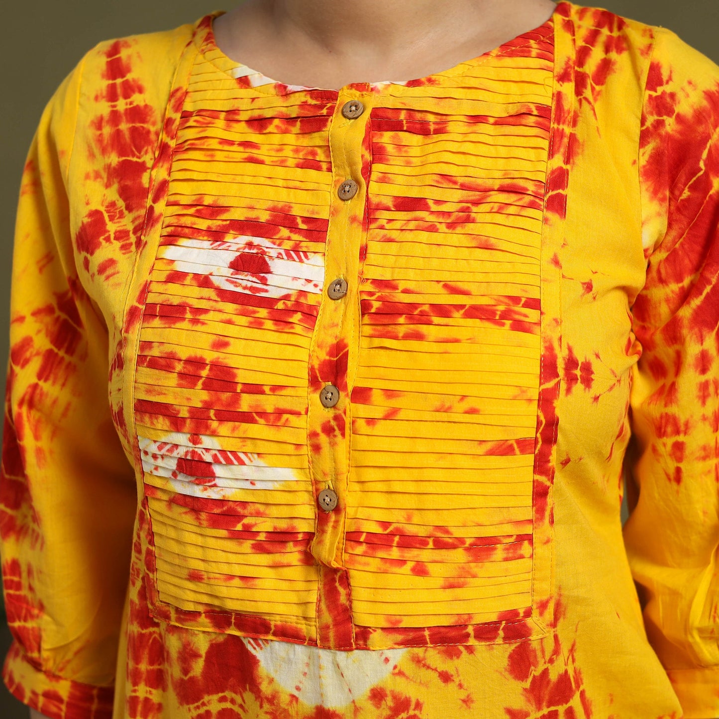 Yellow Tie-Dye Cotton Pintuck Shibori Dress