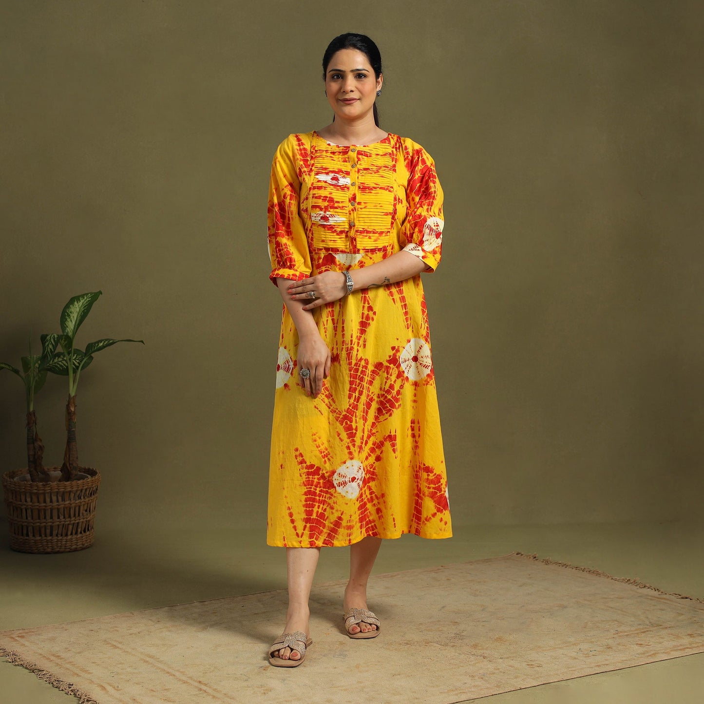 Yellow Tie-Dye Cotton Pintuck Shibori Dress