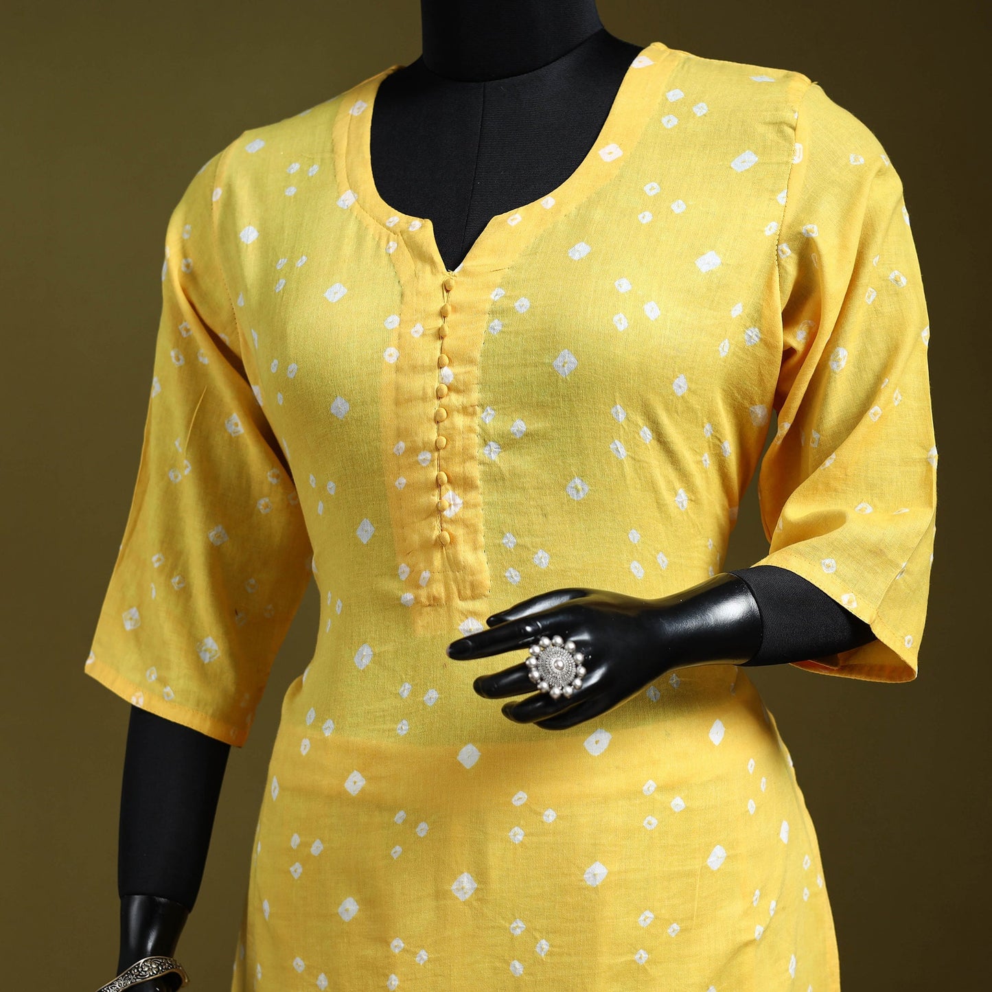 Beige - yellow - tie-dye cotton straight bandhani kurta 10