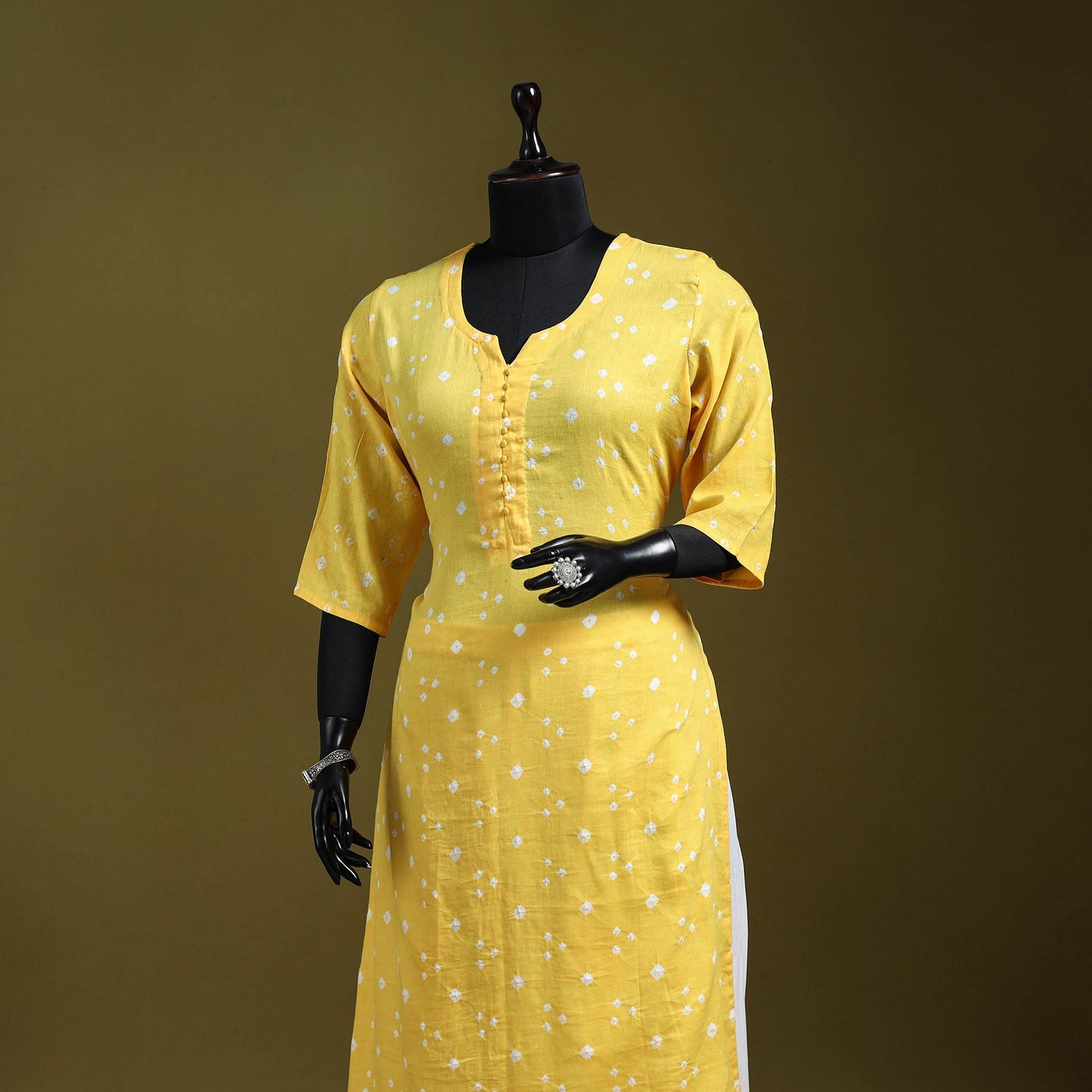 Beige - yellow - tie-dye cotton straight bandhani kurta 10