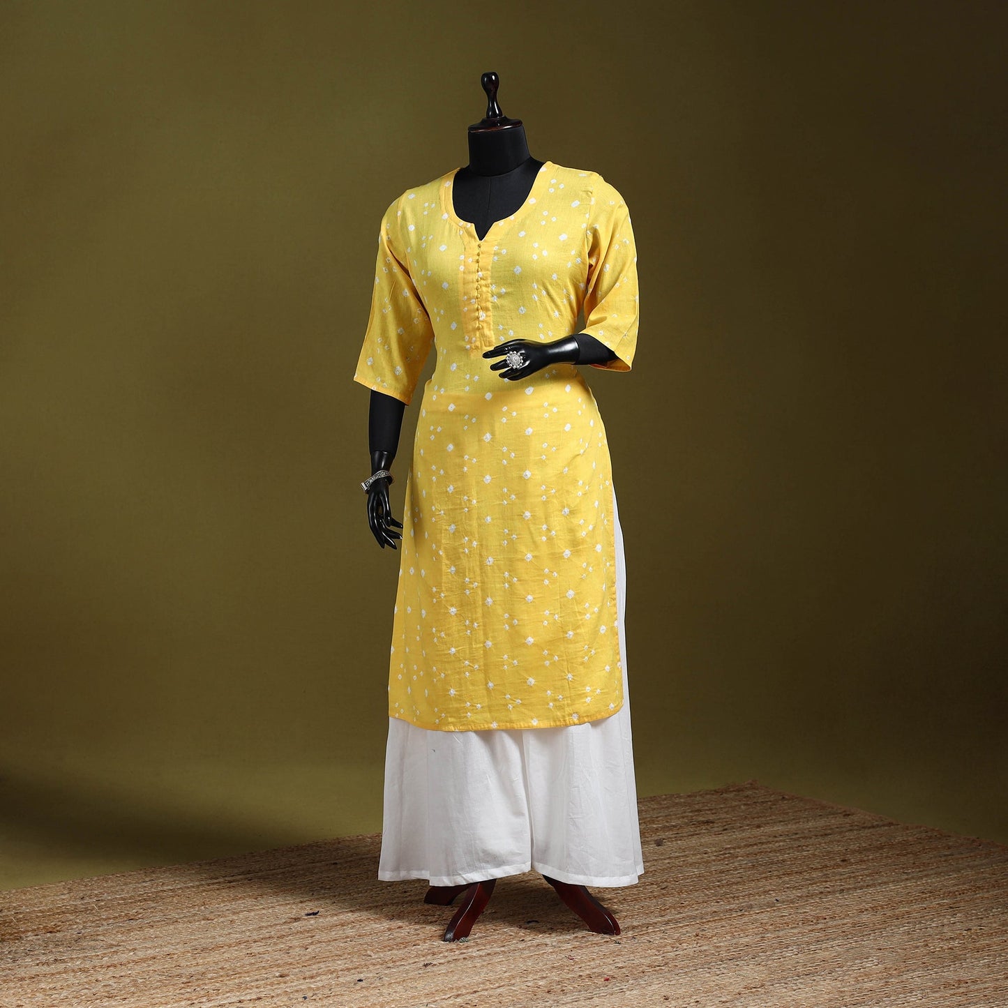 Beige - yellow - tie-dye cotton straight bandhani kurta 10