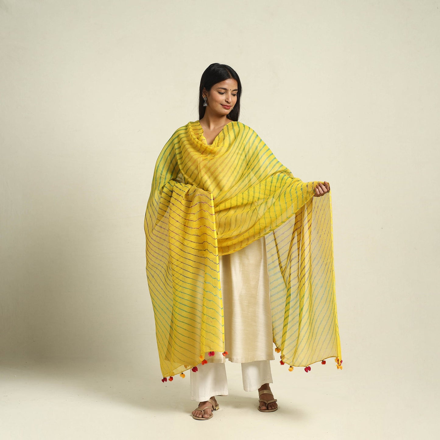 Buy Tie & Dye Yellow Kota Doria Cotton Leheriya Dupatta