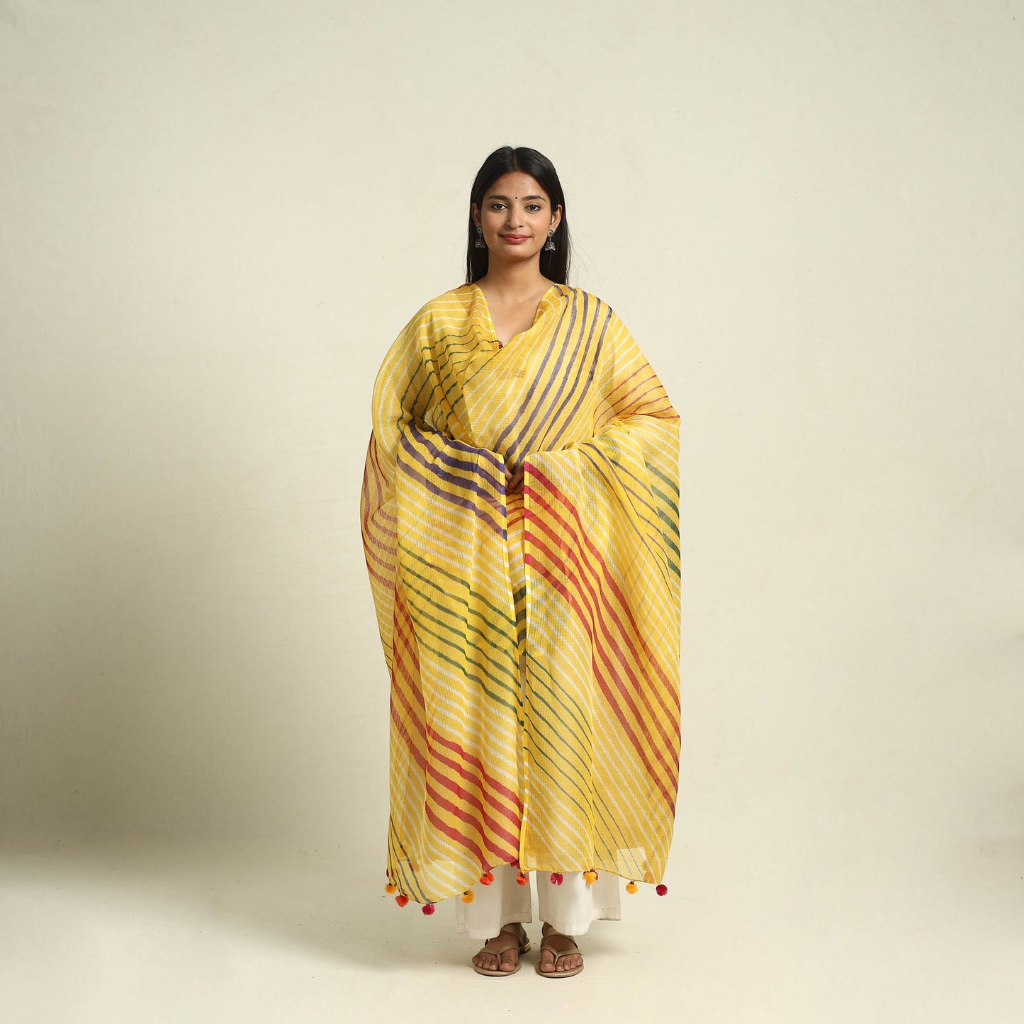  Tie & Dye Yellow Kota Doria Cotton Leheriya Dupatta