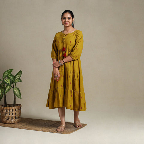  Yellow Tiered Fit & Flare Cotton Green Jacquard Dress