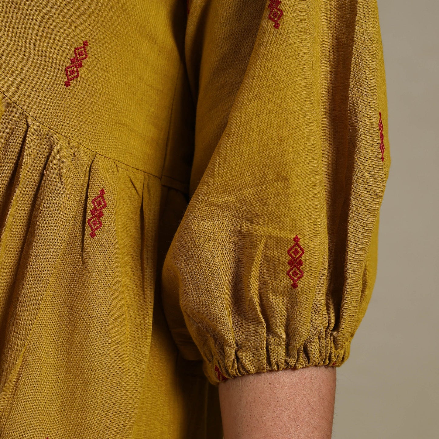  Yellow Tiered Fit & Flare Cotton Green Jacquard Dress