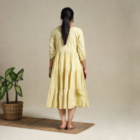  Yellow Tiered Fit & Flare Cotton Green Jacquard Dress 