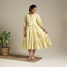  Yellow Tiered Fit & Flare Cotton Green Jacquard Dress 