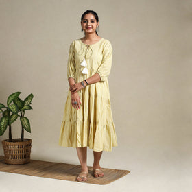  Yellow Tiered Fit & Flare Cotton Green Jacquard Dress 
