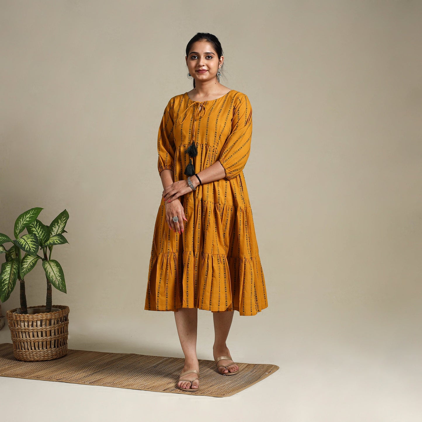 Yellow Tiered Fit & Flare Cotton Green Jacquard Dress
