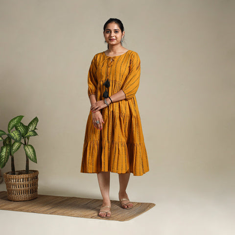 Yellow Tiered Fit & Flare Cotton Green Jacquard Dress