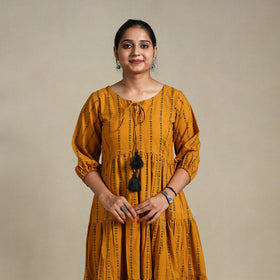 Yellow Tiered Fit & Flare Cotton Green Jacquard Dress