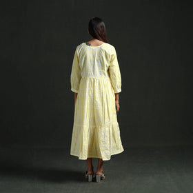 Tiered flared lace work cotton hand block batik print dress