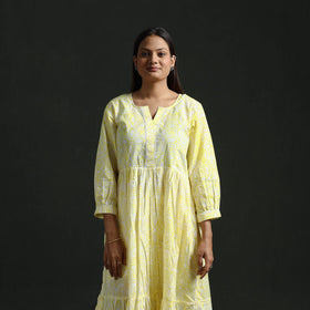 Tiered flared lace work cotton hand block batik print dress