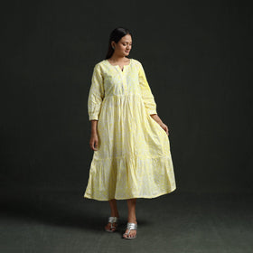 Tiered flared lace work cotton hand block batik print dress