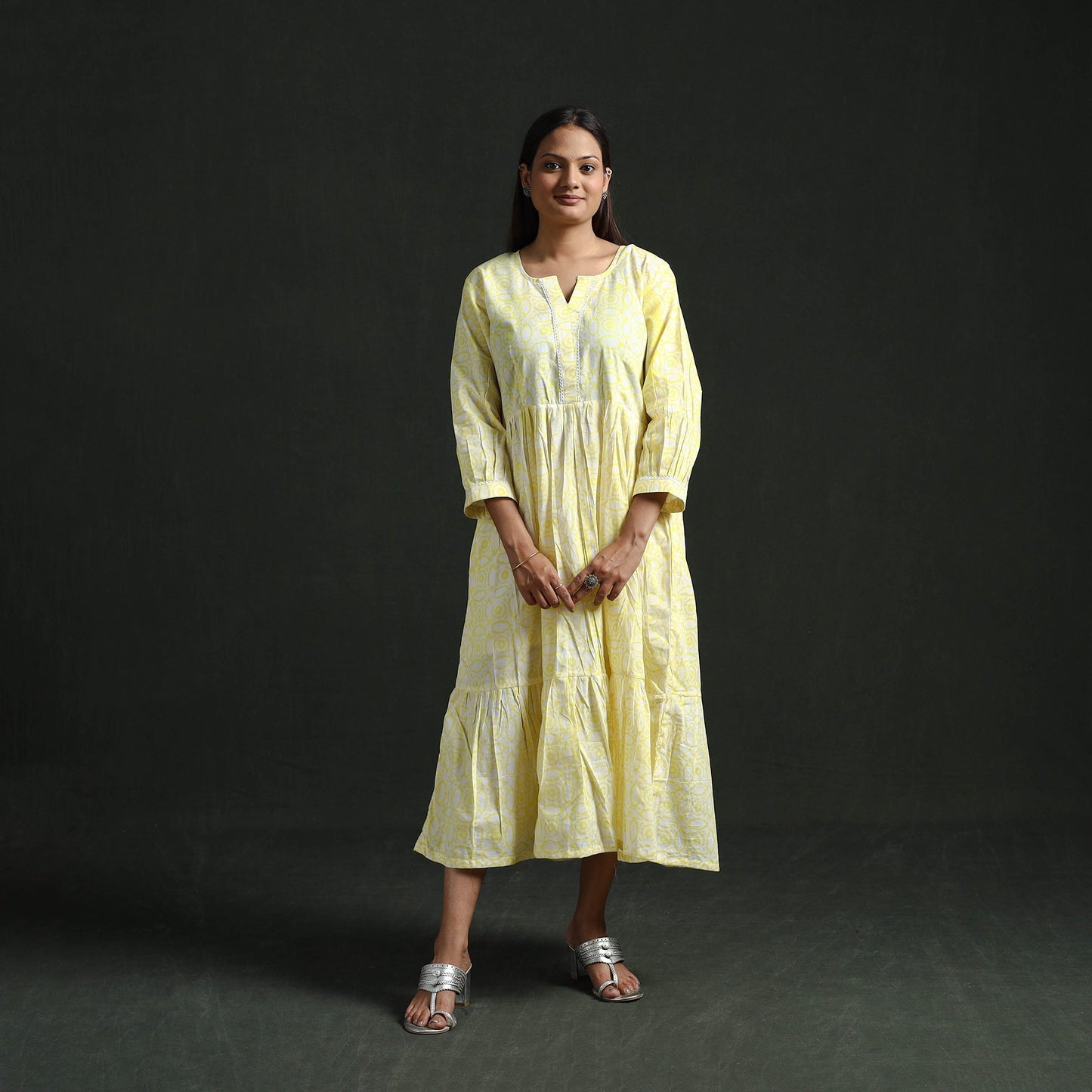 Tiered flared lace work cotton hand block batik print dress