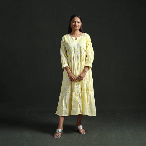 Tiered flared lace work cotton hand block batik print dress