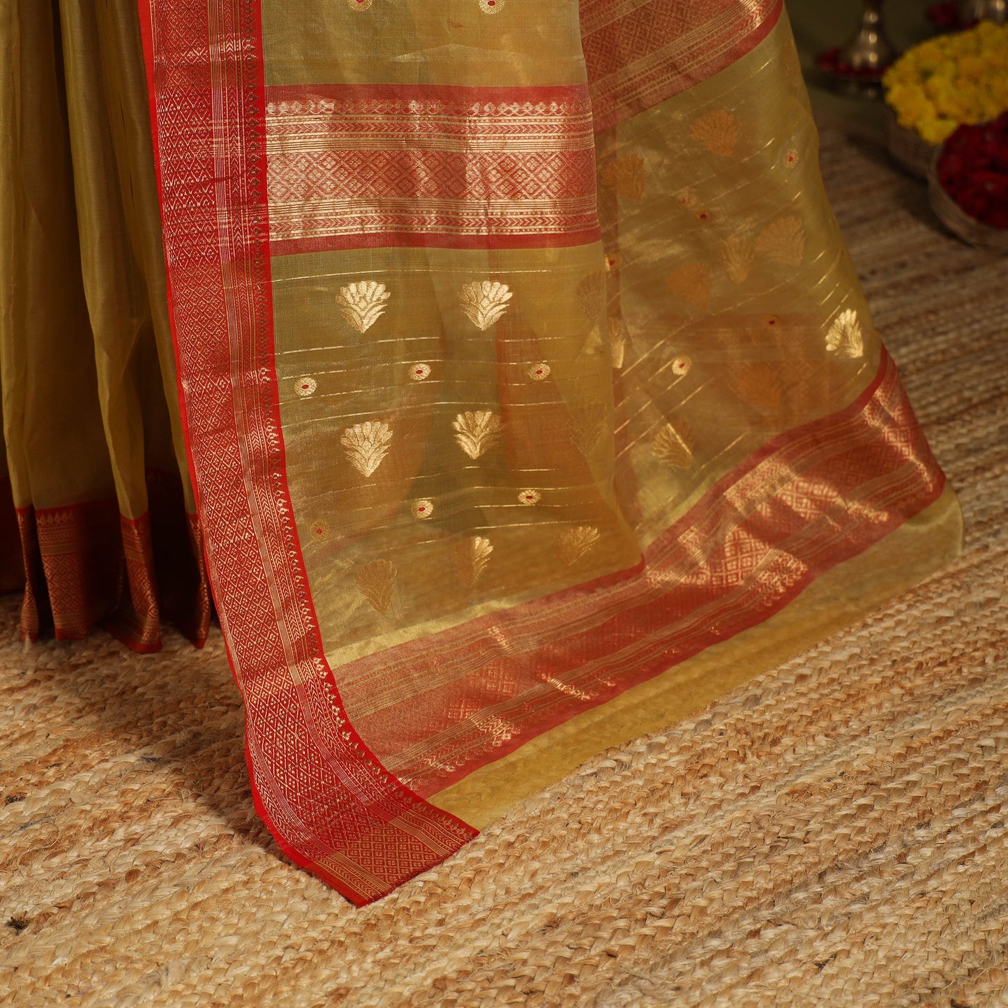 Yellow - traditional handloom tissue zari katan chanderi