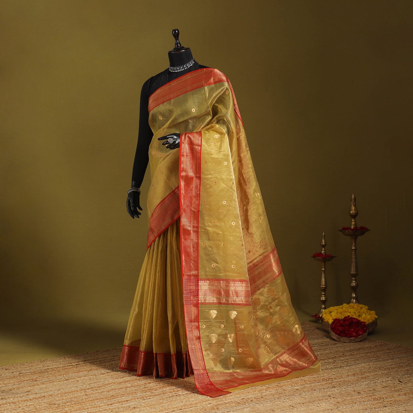 Yellow - traditional handloom tissue zari katan chanderi