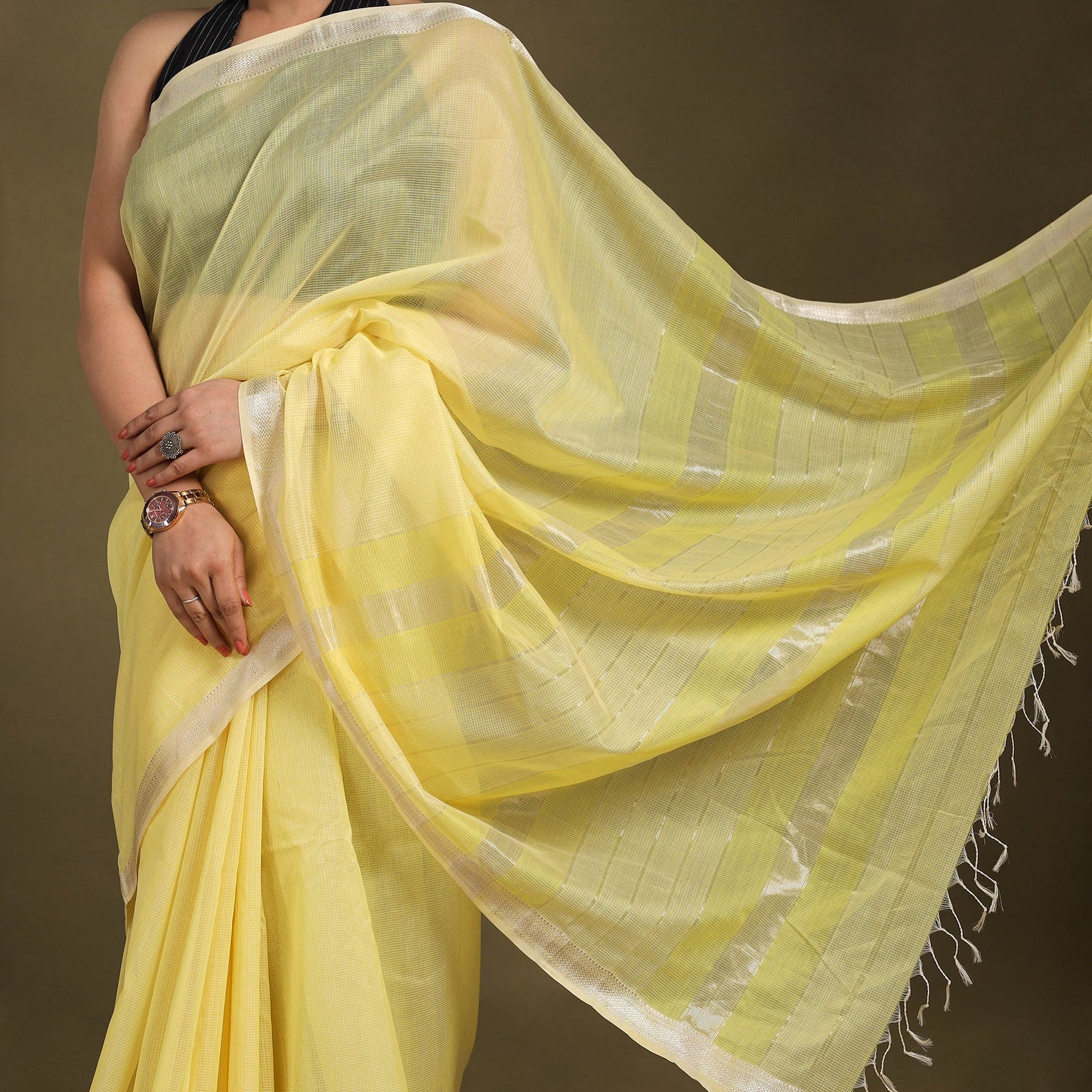 Yellow - traditional handloom zari work silk maheshwari