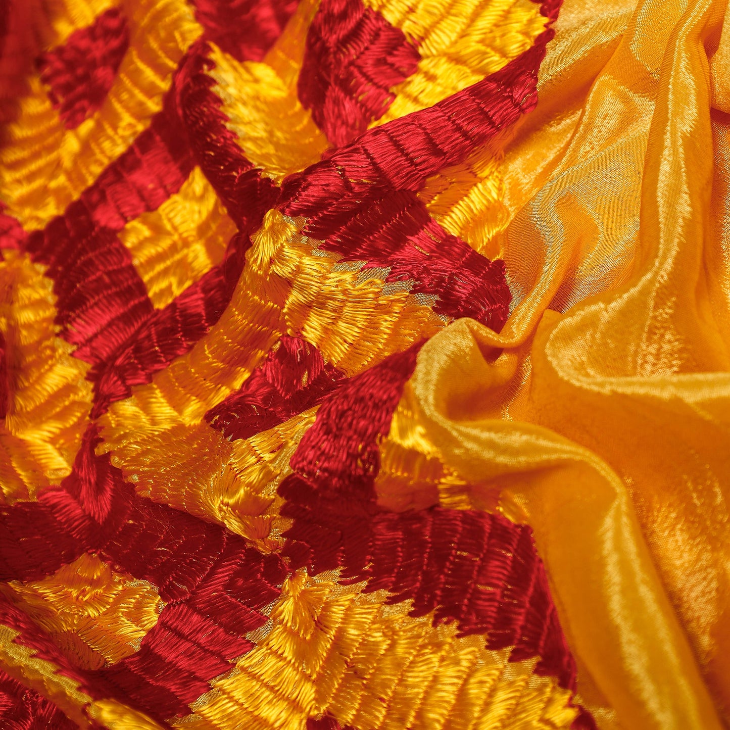 Yellow - Traditional Phulkari Embroidered Chinnon Fabric