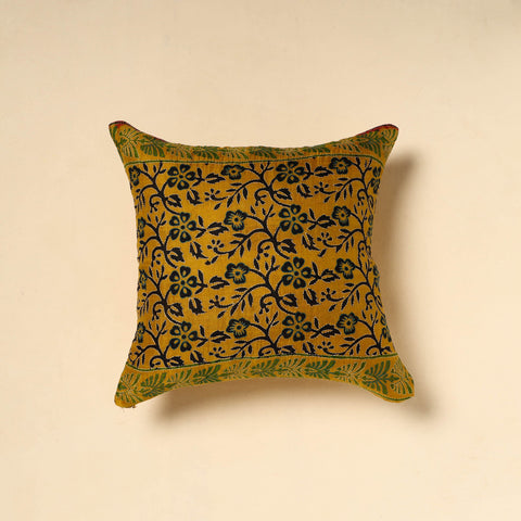 Yellow - Tussar Silk Bengal Kantha Work Cushion Cover 24