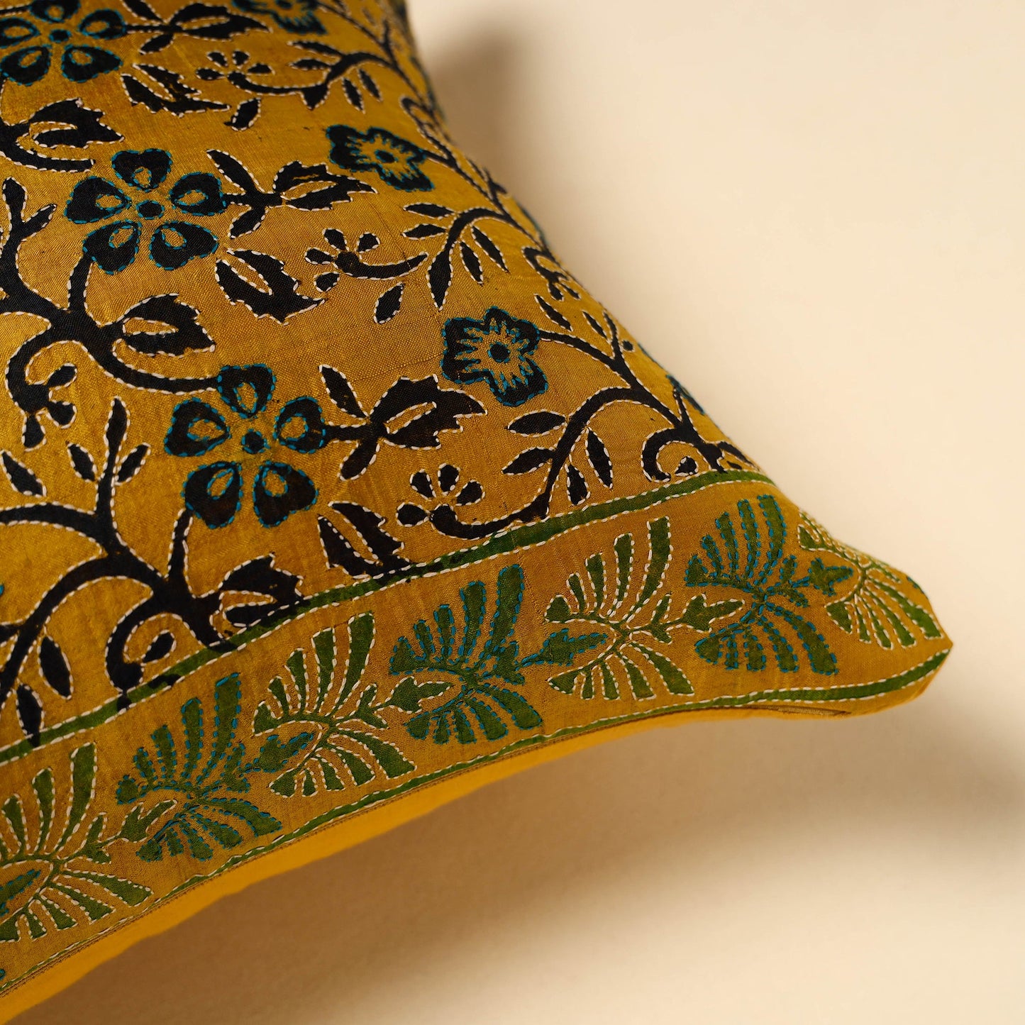Yellow - Tussar Silk Bengal Kantha Work Cushion Cover 24