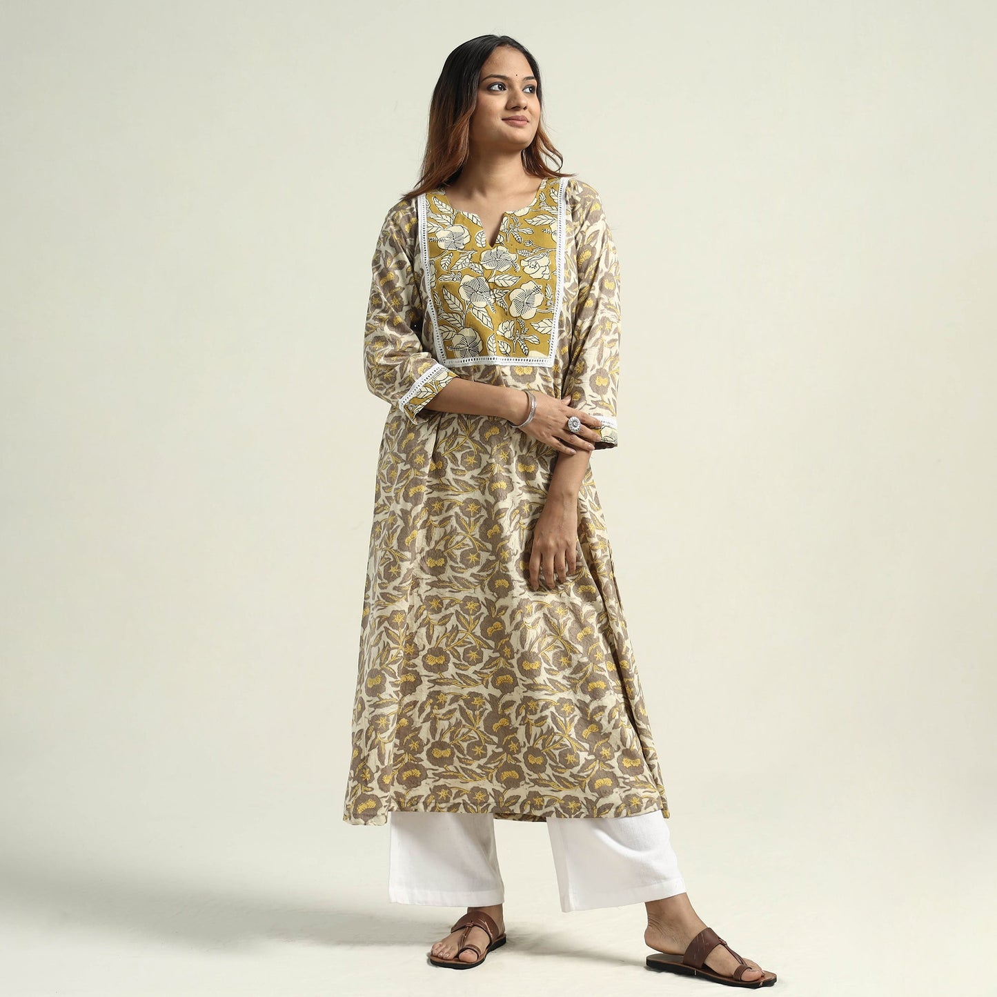 Yellow - Vanaspati Hand Block Printed Cotton A-Line Kurta
