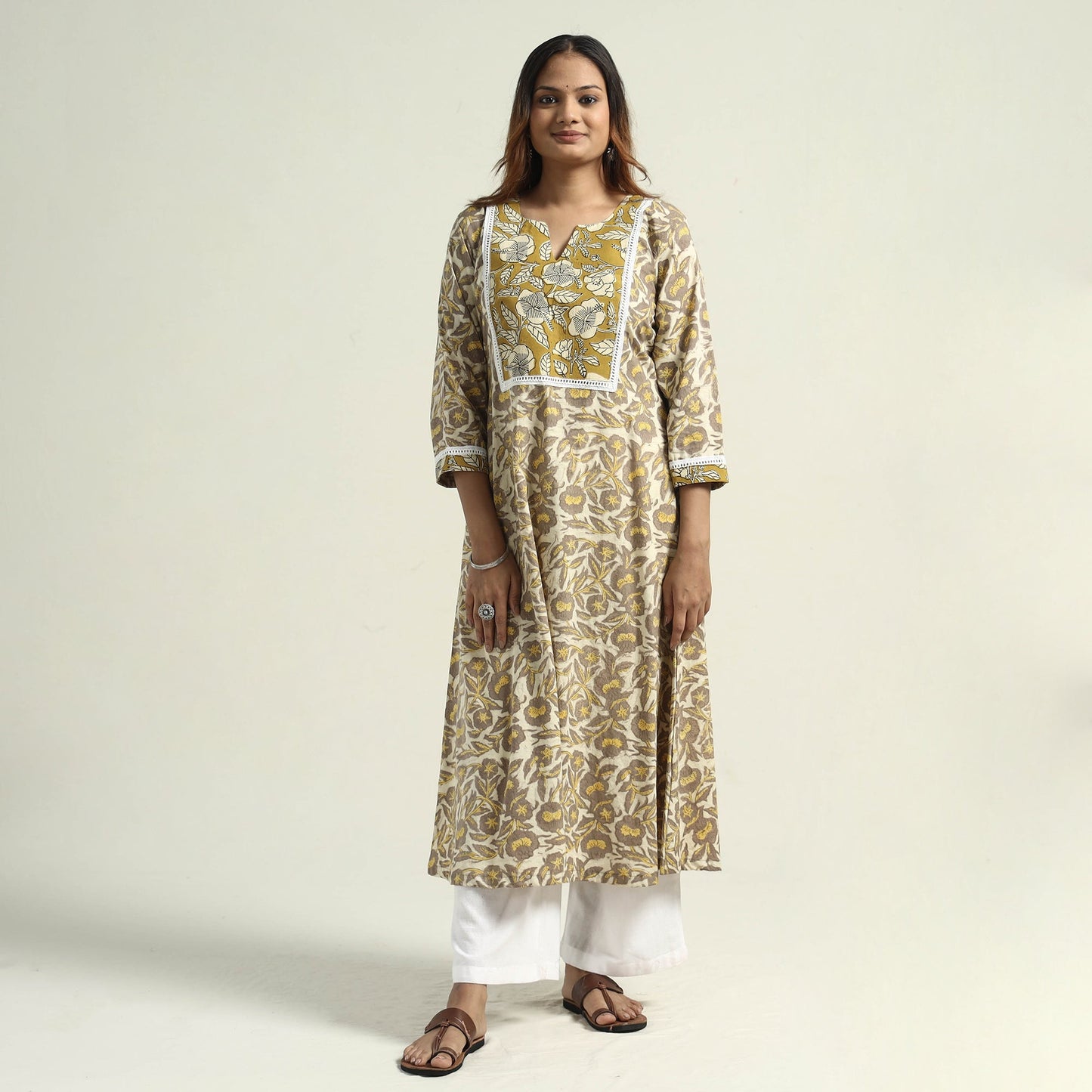 Yellow - Vanaspati Hand Block Printed Cotton A-Line Kurta