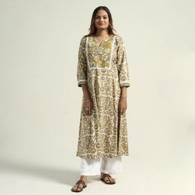 Yellow - Vanaspati Hand Block Printed Cotton A-Line Kurta