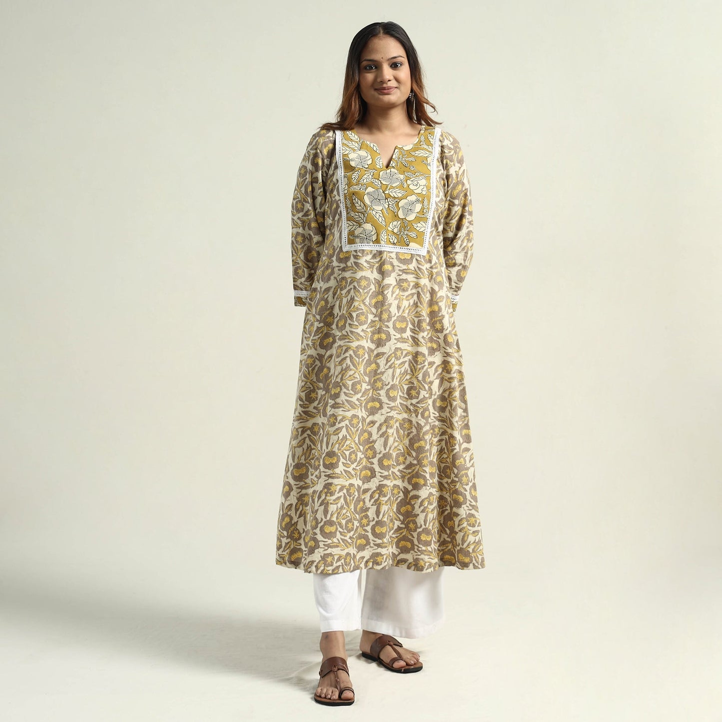 Yellow - Vanaspati Hand Block Printed Cotton A-Line Kurta