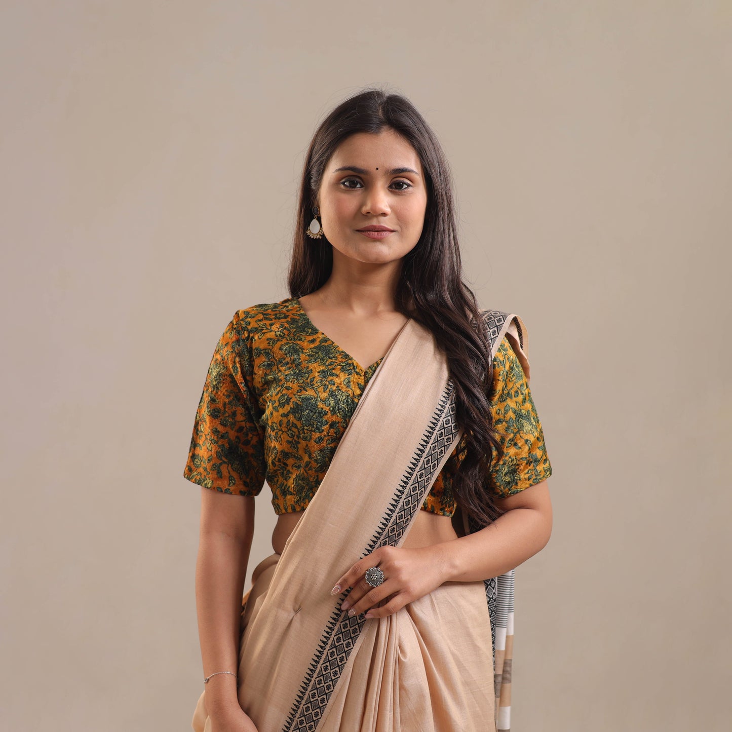 Velvet Natural Dyed Ajrakh Print Yellow Blouse Online