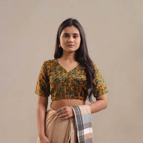 Velvet Natural Dyed Ajrakh Print Yellow Blouse Online
