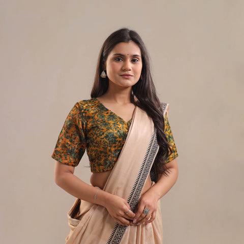 Velvet Natural Dyed Ajrakh Print Yellow Blouse Online