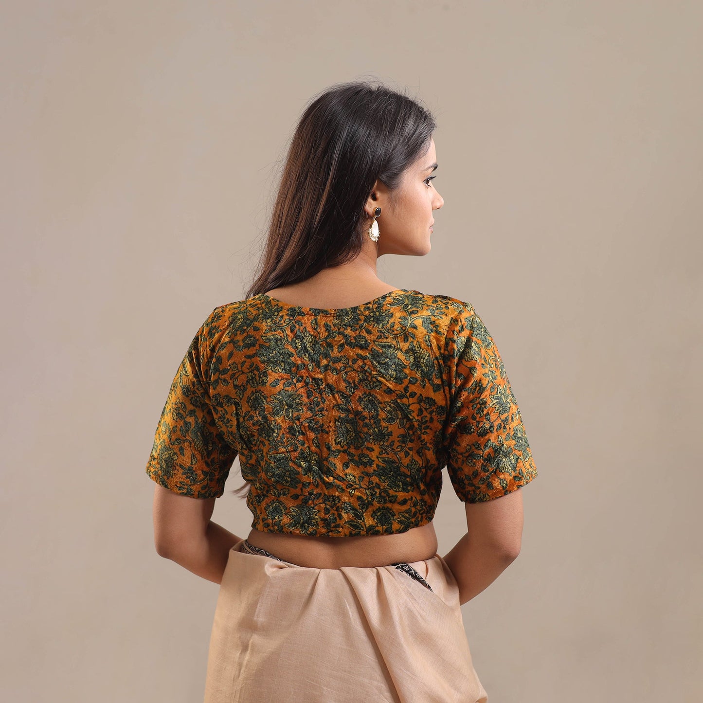 Velvet Natural Dyed Ajrakh Print Yellow Blouse Online
