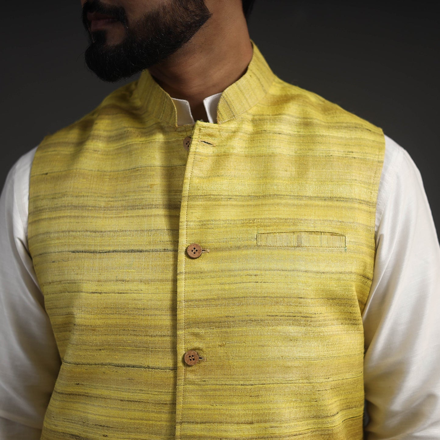 Yellow Vidarbha Tussar x Ghicha Silk Handloom Nehru Jacket