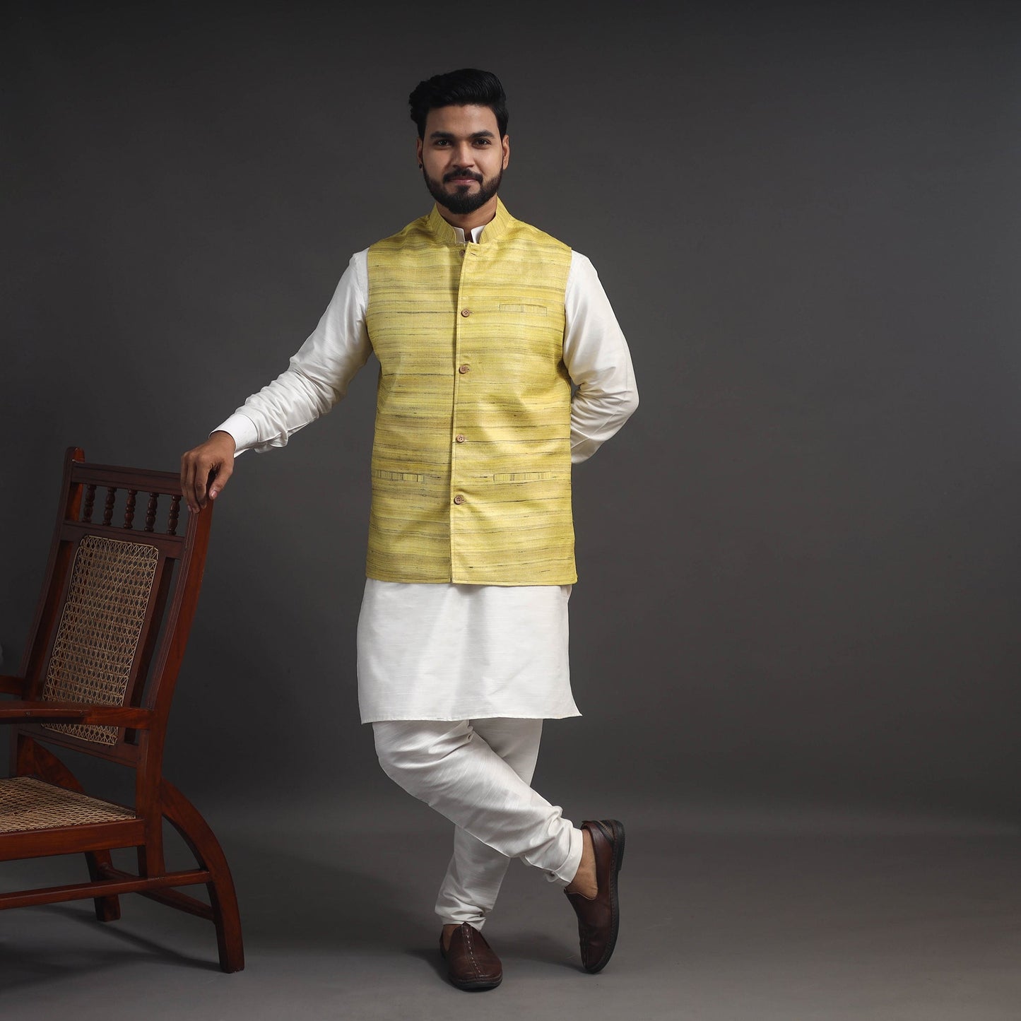 Yellow Vidarbha Tussar x Ghicha Silk Handloom Nehru Jacket