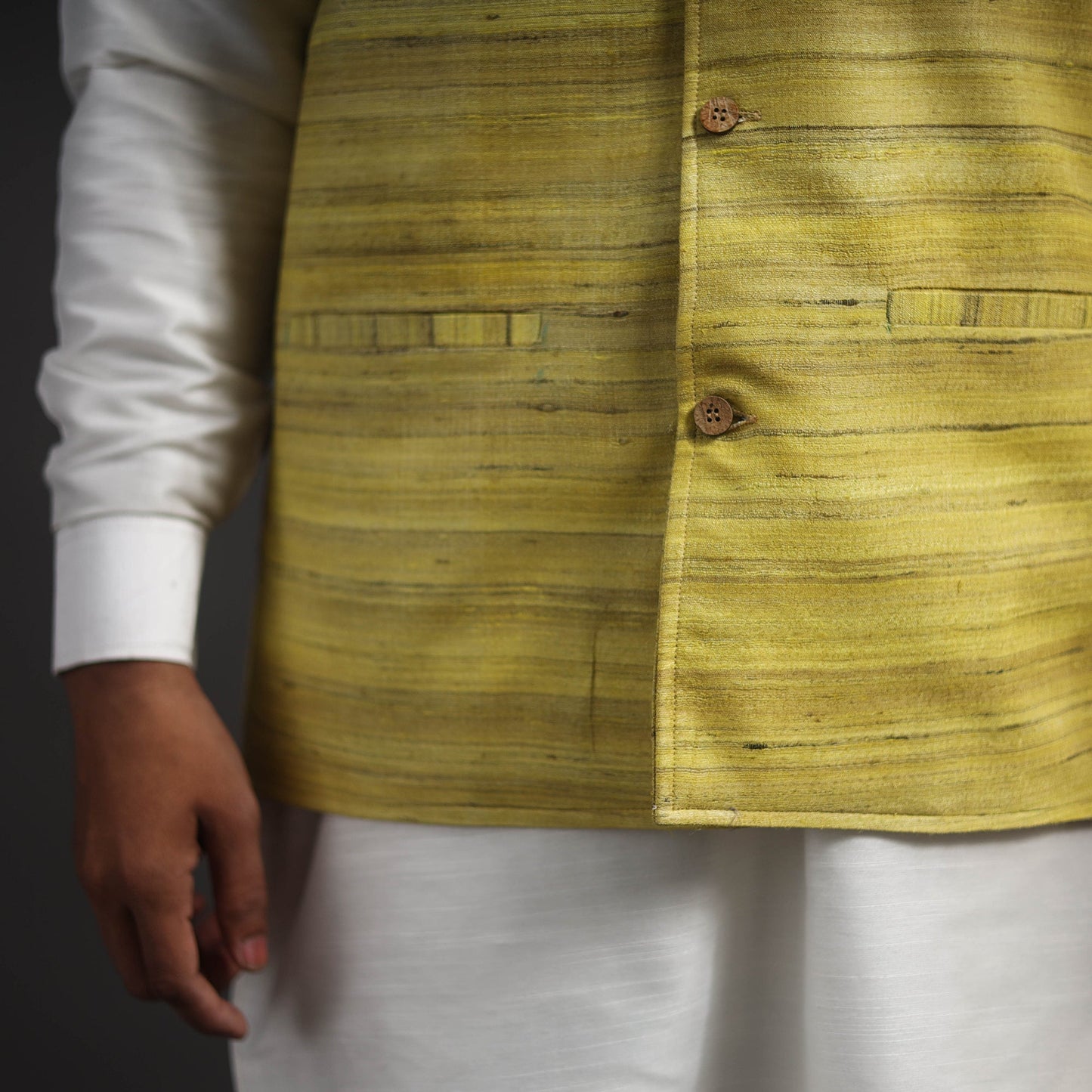 Yellow Vidarbha Tussar x Ghicha Silk Handloom Nehru Jacket