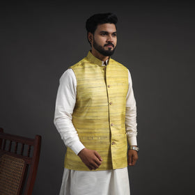Yellow Vidarbha Tussar x Ghicha Silk Handloom Nehru Jacket