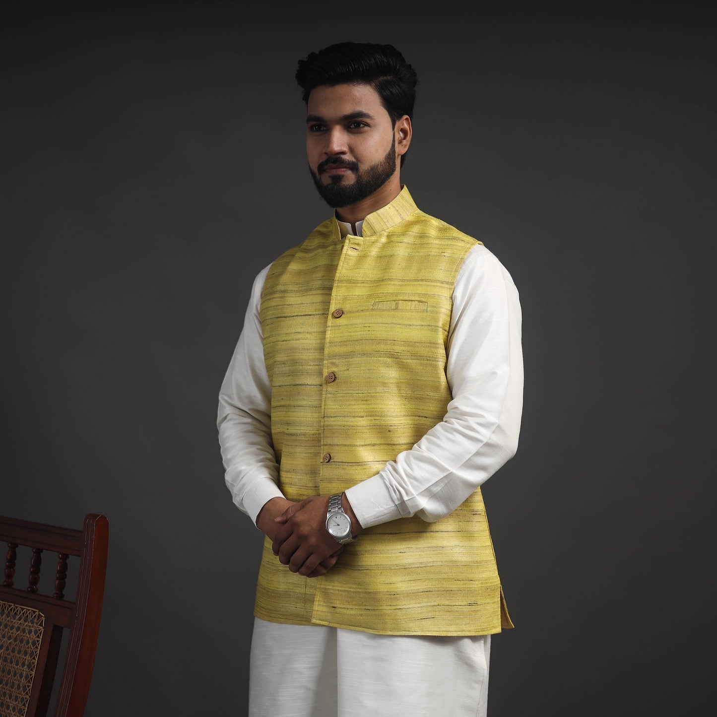 Yellow Vidarbha Tussar x Ghicha Silk Handloom Nehru Jacket