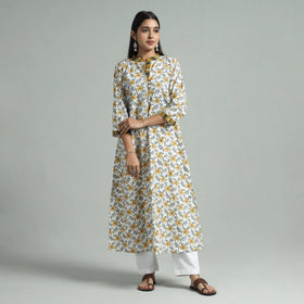 White - sanganeri block printed cotton a-line kurta