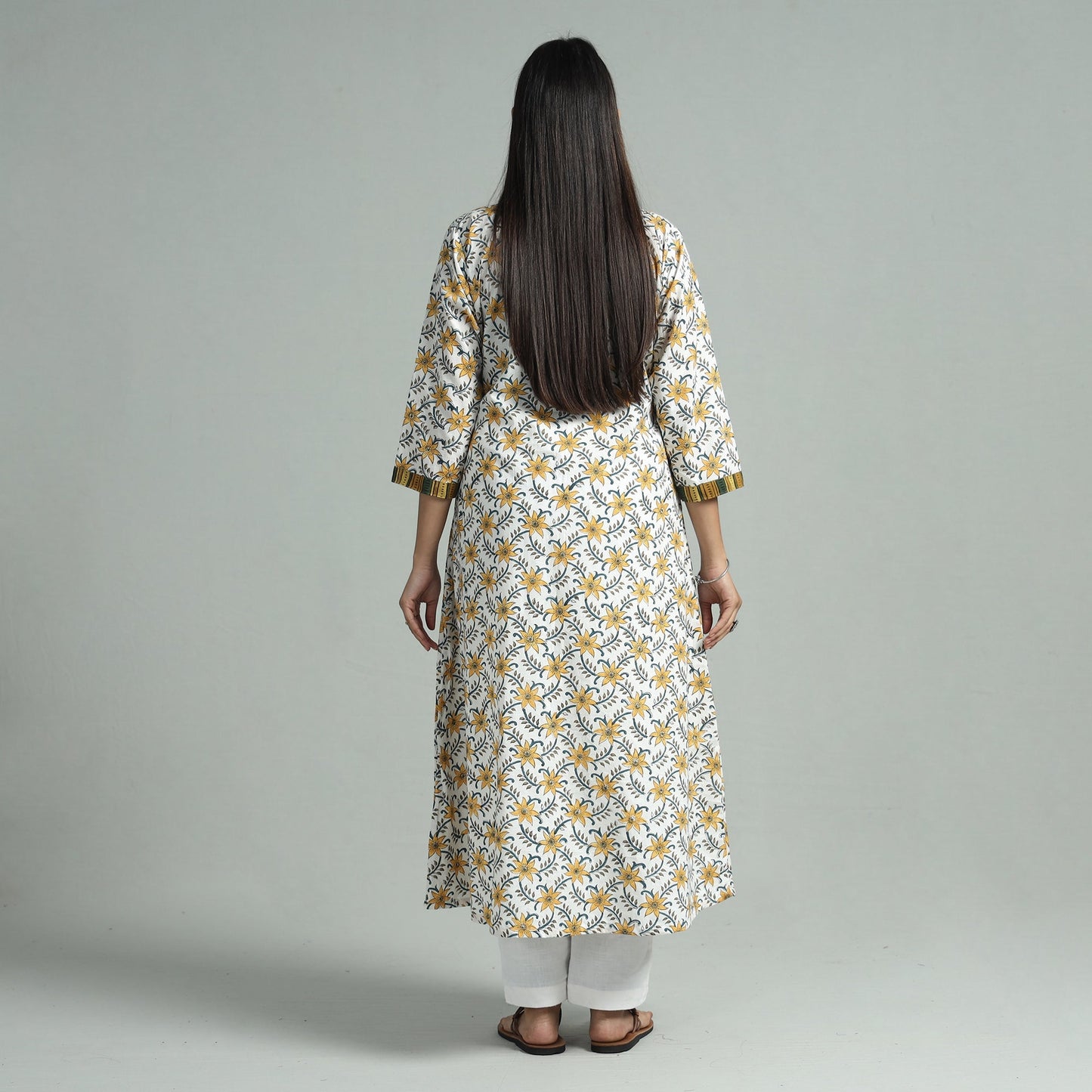 White - sanganeri block printed cotton a-line kurta