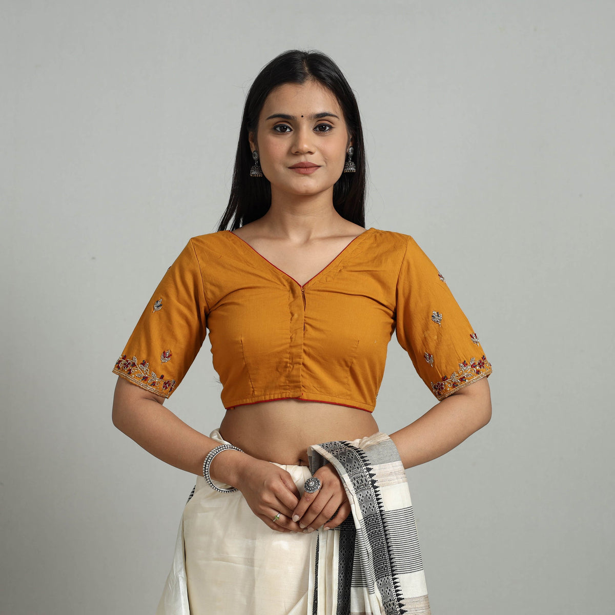 Buy Orange Zardozi Hand Embroidery Cotton Blouse Online