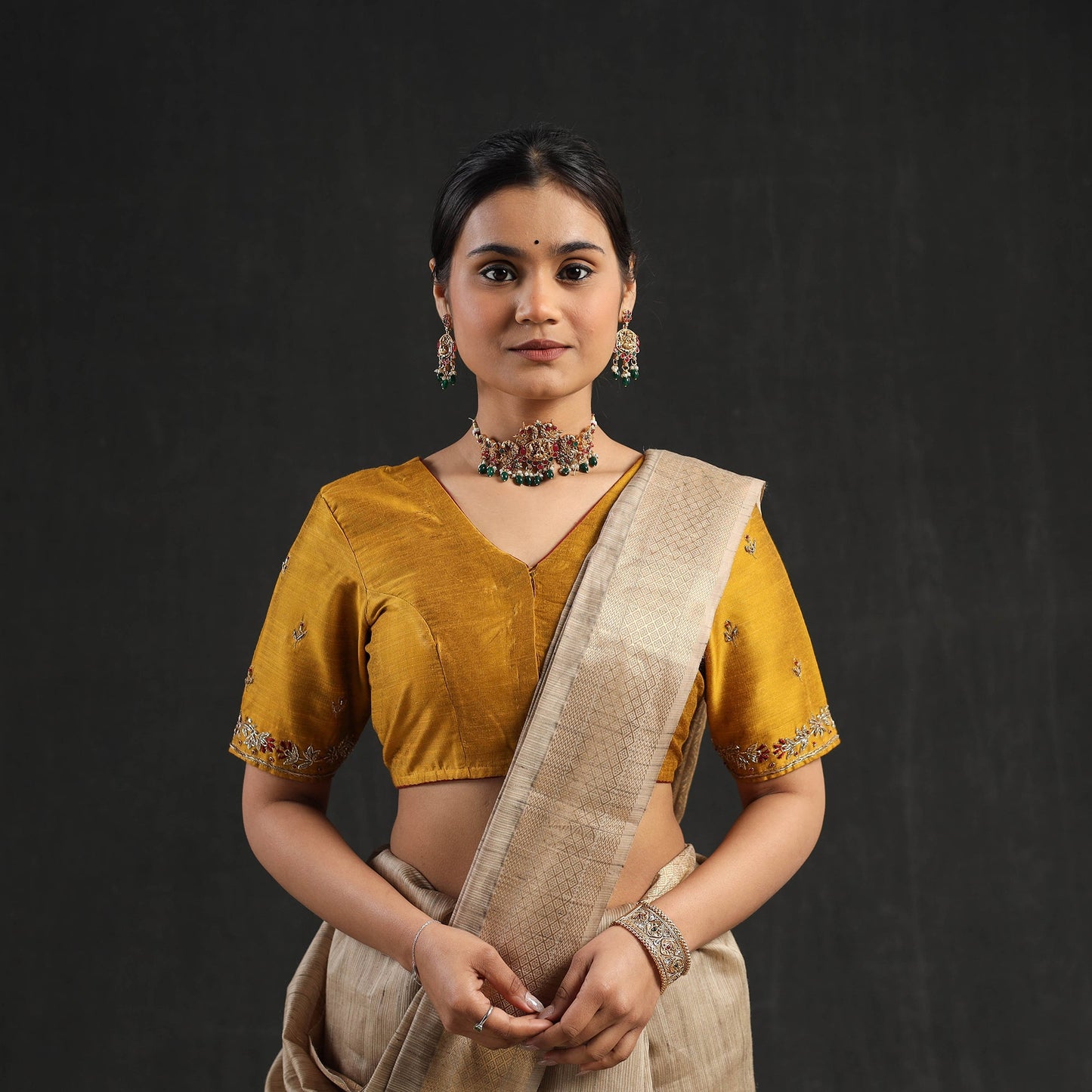 Buy Yellow Zardozi Hand Embroidery Slub Silk Plain Blouse