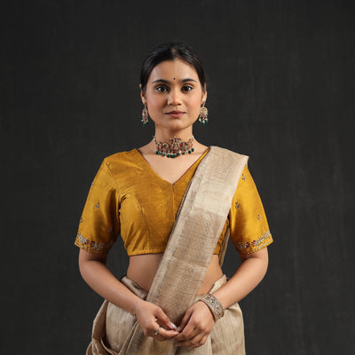 Buy Yellow Zardozi Hand Embroidery Slub Silk Plain Blouse