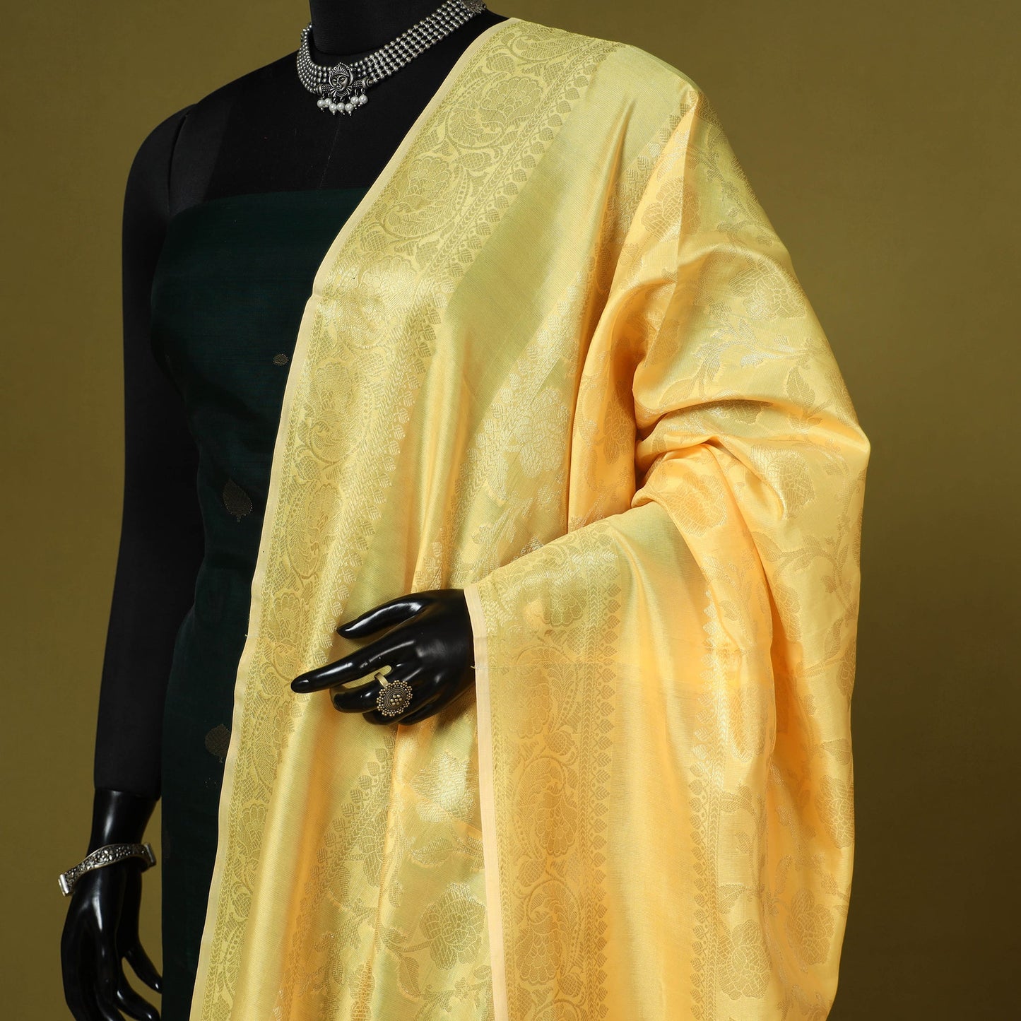Yellow - zari work banarasi silk dupatta 17 - handcrafted